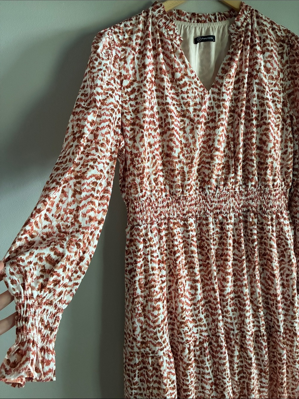 PrettyGarden XL Rust Cream Printed Smocked Waist Tiered Maxi Dress Boho Fall - Picture 4 of 7